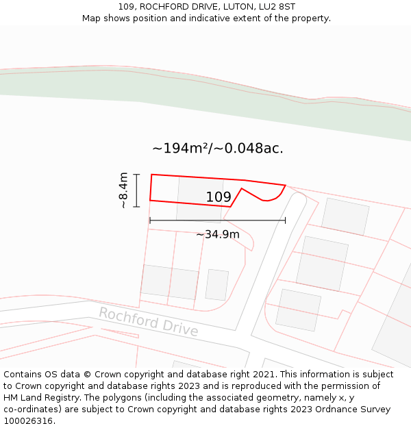 109, ROCHFORD DRIVE, LUTON, LU2 8ST: Plot and title map