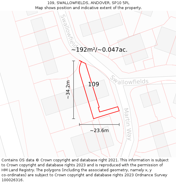 109, SWALLOWFIELDS, ANDOVER, SP10 5PL: Plot and title map