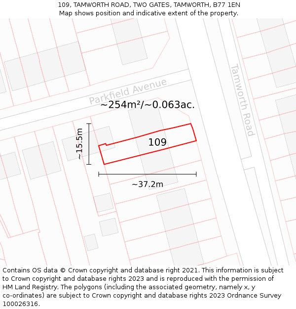 109, TAMWORTH ROAD, TWO GATES, TAMWORTH, B77 1EN: Plot and title map