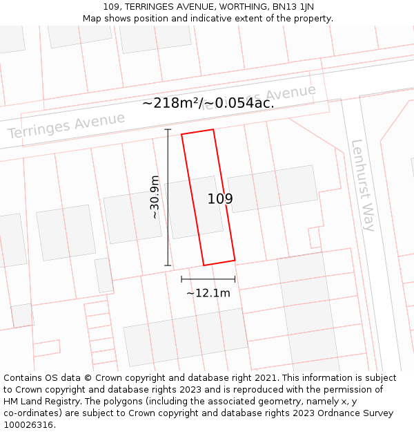109, TERRINGES AVENUE, WORTHING, BN13 1JN: Plot and title map