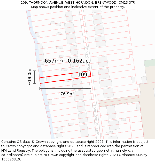 109, THORNDON AVENUE, WEST HORNDON, BRENTWOOD, CM13 3TR: Plot and title map