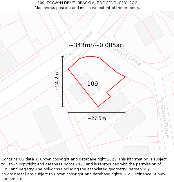 109, TY GWYN DRIVE, BRACKLA, BRIDGEND, CF31 2QG: Plot and title map
