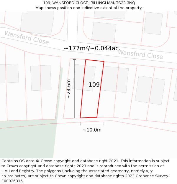 109, WANSFORD CLOSE, BILLINGHAM, TS23 3NQ: Plot and title map
