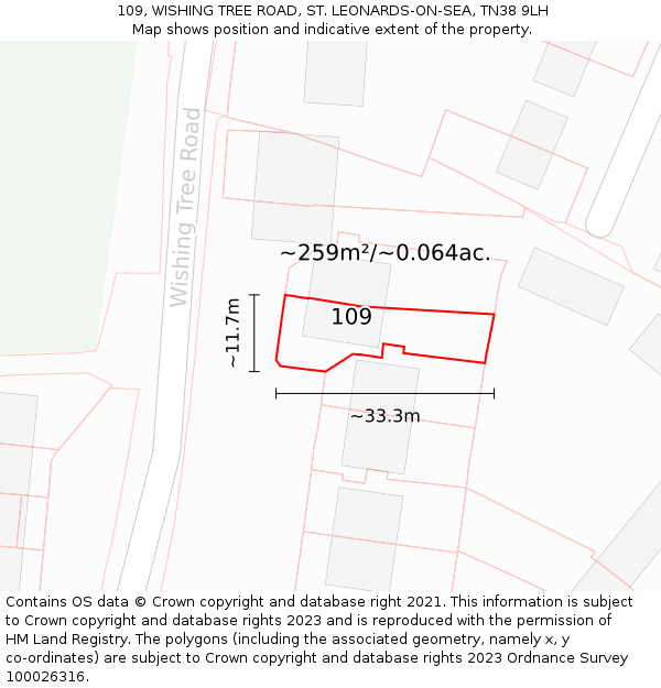 109, WISHING TREE ROAD, ST. LEONARDS-ON-SEA, TN38 9LH: Plot and title map