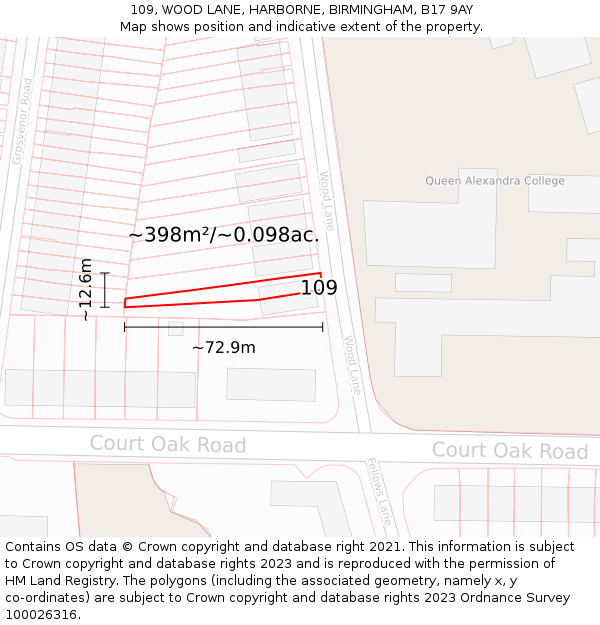 109, WOOD LANE, HARBORNE, BIRMINGHAM, B17 9AY: Plot and title map
