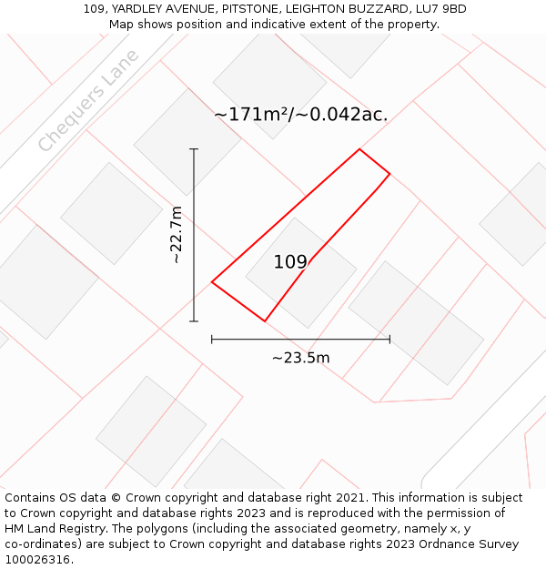 109, YARDLEY AVENUE, PITSTONE, LEIGHTON BUZZARD, LU7 9BD: Plot and title map