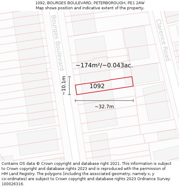 1092, BOURGES BOULEVARD, PETERBOROUGH, PE1 2AW: Plot and title map