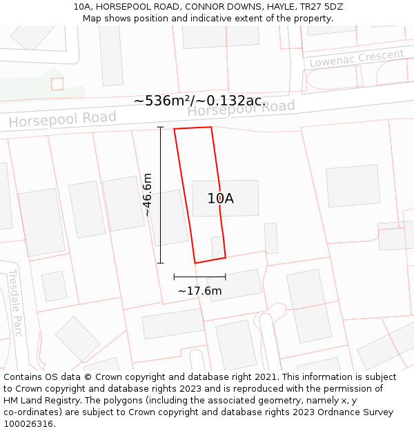 10A, HORSEPOOL ROAD, CONNOR DOWNS, HAYLE, TR27 5DZ: Plot and title map