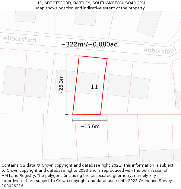 11, ABBOTSFORD, BARTLEY, SOUTHAMPTON, SO40 2PN: Plot and title map