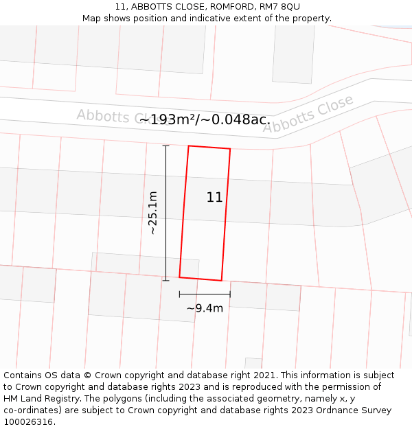 11, ABBOTTS CLOSE, ROMFORD, RM7 8QU: Plot and title map