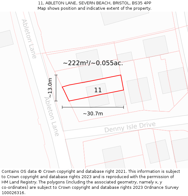 11, ABLETON LANE, SEVERN BEACH, BRISTOL, BS35 4PP: Plot and title map