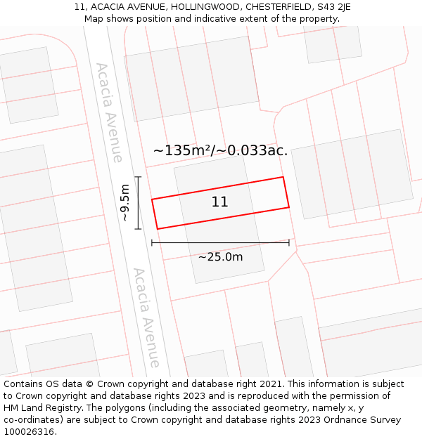 11, ACACIA AVENUE, HOLLINGWOOD, CHESTERFIELD, S43 2JE: Plot and title map