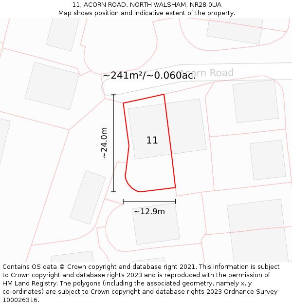 11, ACORN ROAD, NORTH WALSHAM, NR28 0UA: Plot and title map