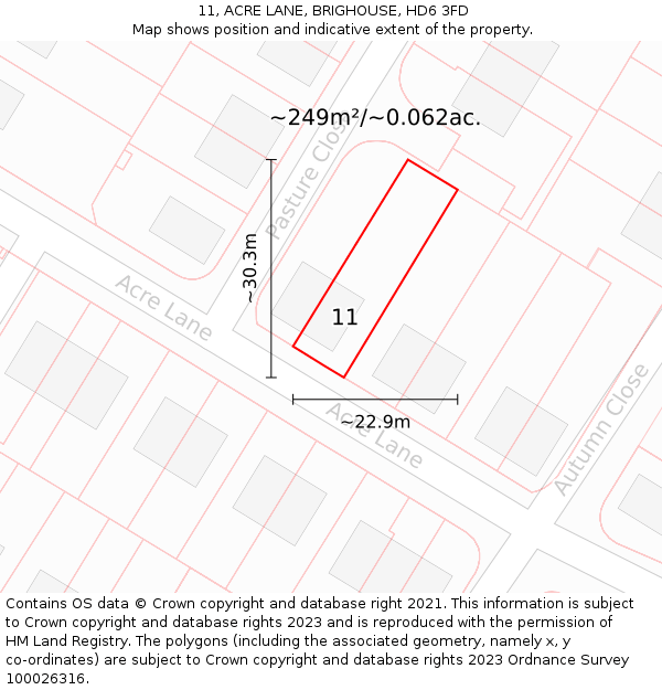 11, ACRE LANE, BRIGHOUSE, HD6 3FD: Plot and title map