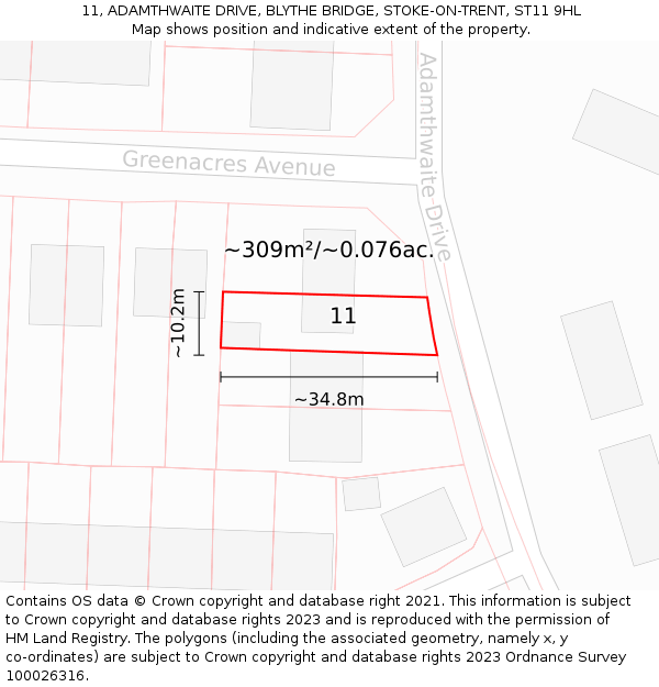 11, ADAMTHWAITE DRIVE, BLYTHE BRIDGE, STOKE-ON-TRENT, ST11 9HL: Plot and title map