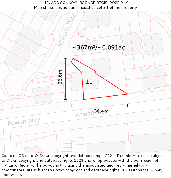 11, ADDISON WAY, BOGNOR REGIS, PO22 9HY: Plot and title map