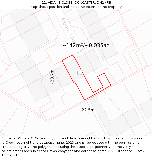 11, AIDANS CLOSE, DONCASTER, DN2 4RB: Plot and title map