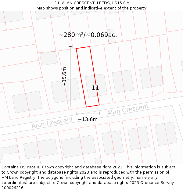 11, ALAN CRESCENT, LEEDS, LS15 0JA: Plot and title map