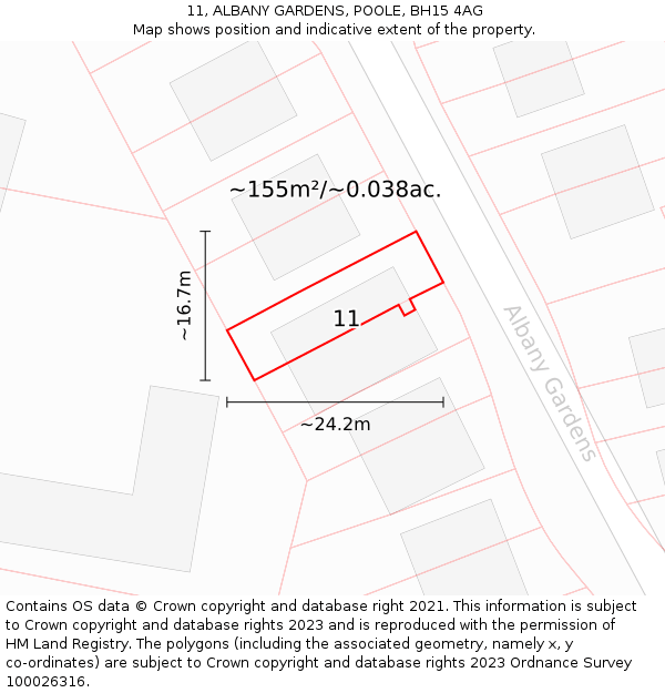 11, ALBANY GARDENS, POOLE, BH15 4AG: Plot and title map