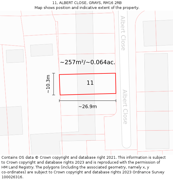 11, ALBERT CLOSE, GRAYS, RM16 2RB: Plot and title map