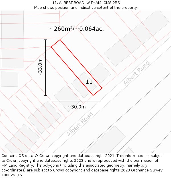 11, ALBERT ROAD, WITHAM, CM8 2BS: Plot and title map