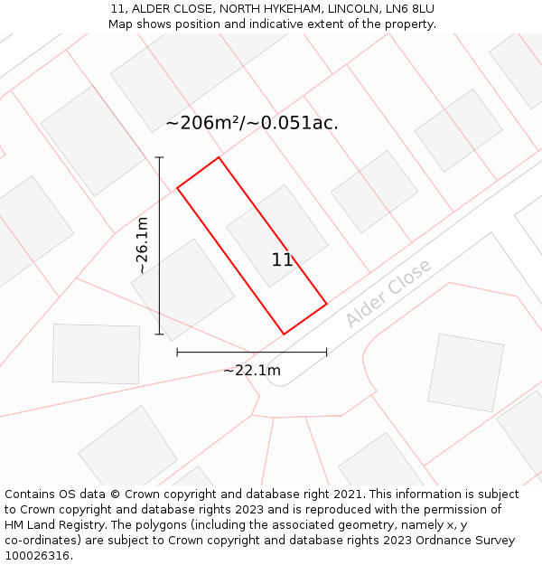 11, ALDER CLOSE, NORTH HYKEHAM, LINCOLN, LN6 8LU: Plot and title map