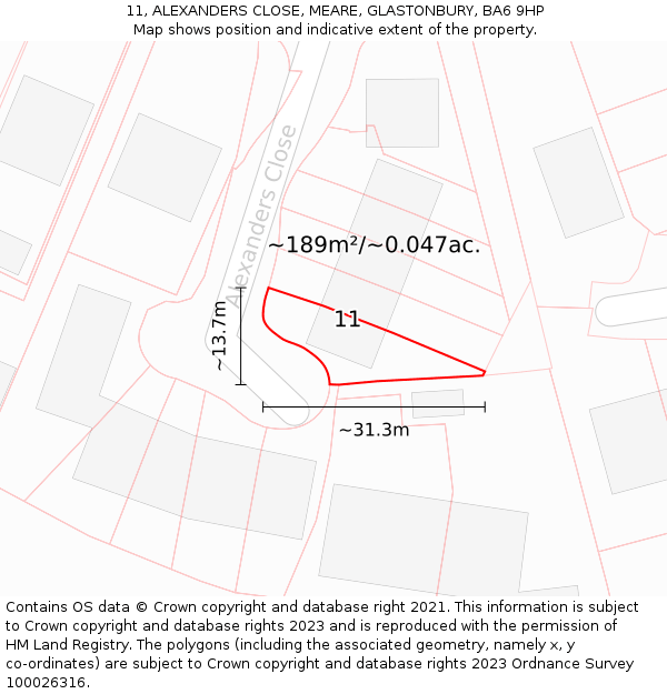 11, ALEXANDERS CLOSE, MEARE, GLASTONBURY, BA6 9HP: Plot and title map