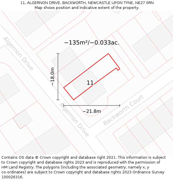 11, ALGERNON DRIVE, BACKWORTH, NEWCASTLE UPON TYNE, NE27 0RN: Plot and title map
