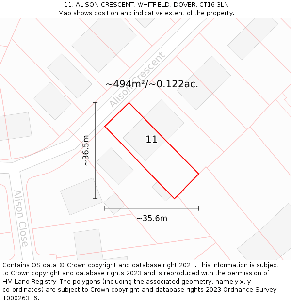 11, ALISON CRESCENT, WHITFIELD, DOVER, CT16 3LN: Plot and title map