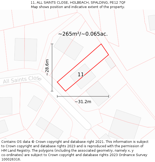 11, ALL SAINTS CLOSE, HOLBEACH, SPALDING, PE12 7QF: Plot and title map