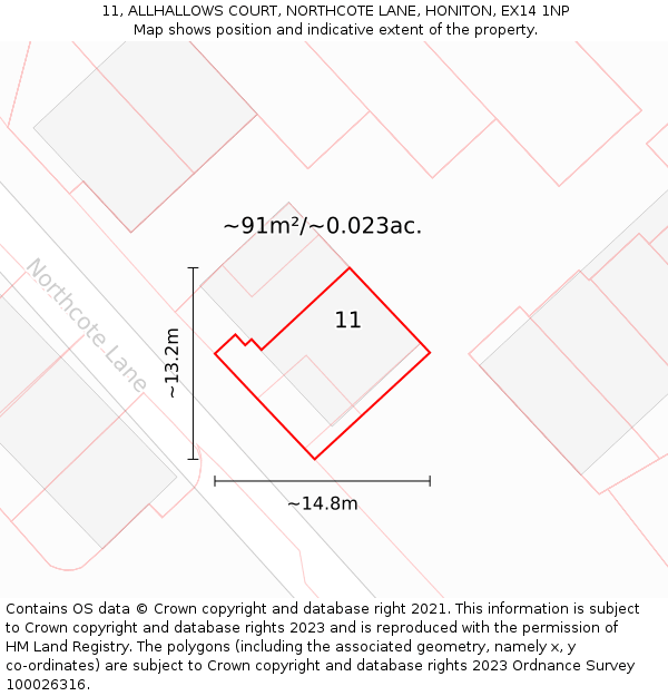 11, ALLHALLOWS COURT, NORTHCOTE LANE, HONITON, EX14 1NP: Plot and title map
