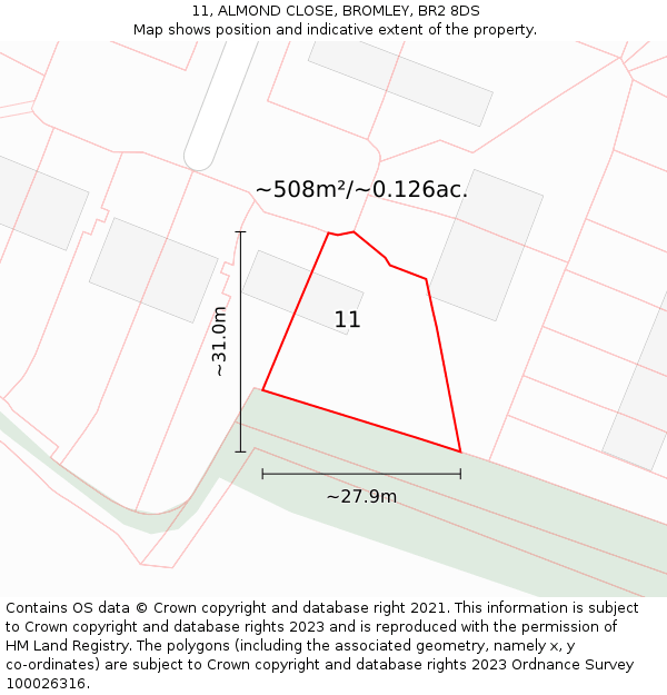 11, ALMOND CLOSE, BROMLEY, BR2 8DS: Plot and title map