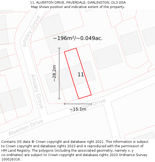 11, ALVERTON DRIVE, FAVERDALE, DARLINGTON, DL3 0GA: Plot and title map