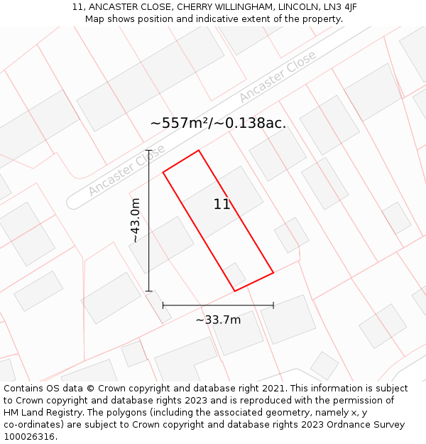 11, ANCASTER CLOSE, CHERRY WILLINGHAM, LINCOLN, LN3 4JF: Plot and title map