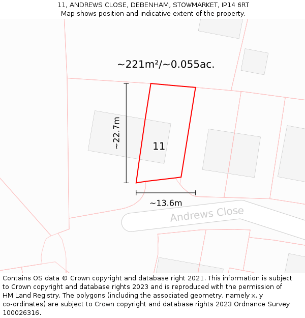 11, ANDREWS CLOSE, DEBENHAM, STOWMARKET, IP14 6RT: Plot and title map