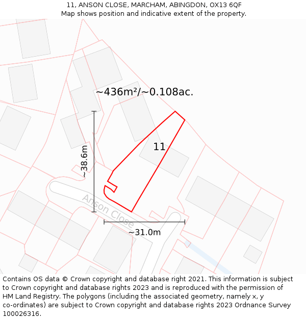 11, ANSON CLOSE, MARCHAM, ABINGDON, OX13 6QF: Plot and title map