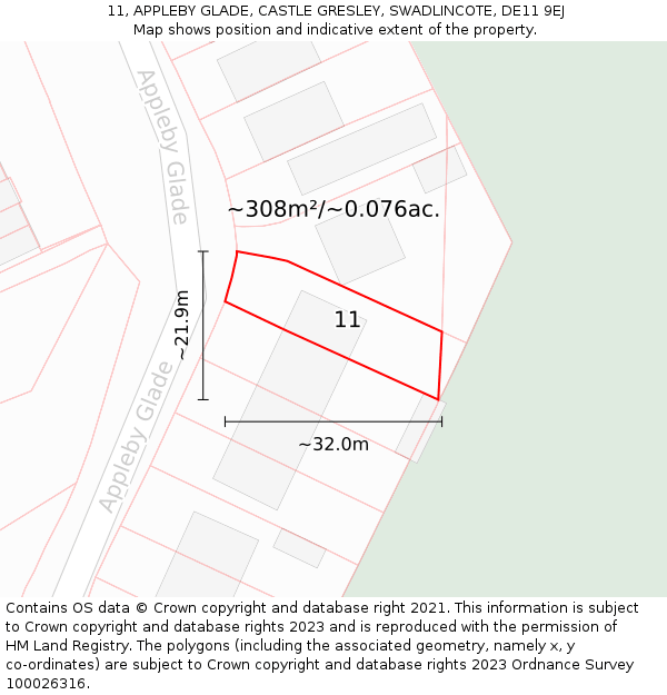 11, APPLEBY GLADE, CASTLE GRESLEY, SWADLINCOTE, DE11 9EJ: Plot and title map