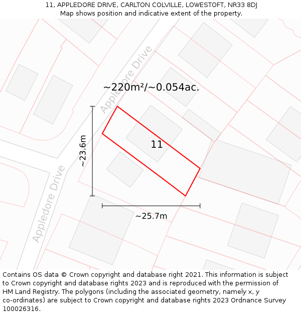 11, APPLEDORE DRIVE, CARLTON COLVILLE, LOWESTOFT, NR33 8DJ: Plot and title map