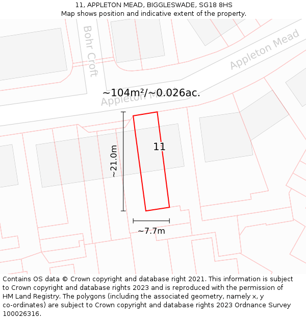 11, APPLETON MEAD, BIGGLESWADE, SG18 8HS: Plot and title map