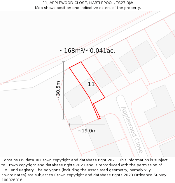 11, APPLEWOOD CLOSE, HARTLEPOOL, TS27 3JW: Plot and title map