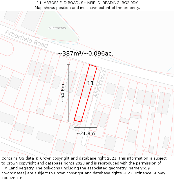 11, ARBORFIELD ROAD, SHINFIELD, READING, RG2 9DY: Plot and title map