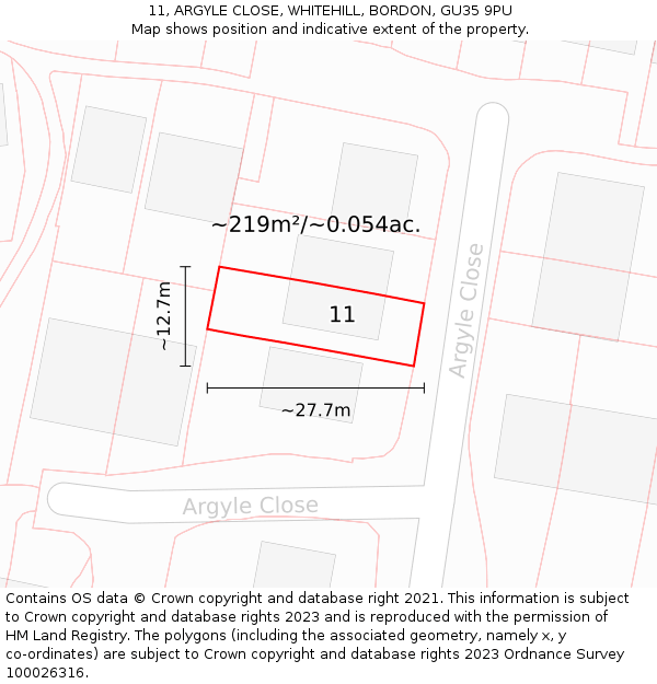 11, ARGYLE CLOSE, WHITEHILL, BORDON, GU35 9PU: Plot and title map