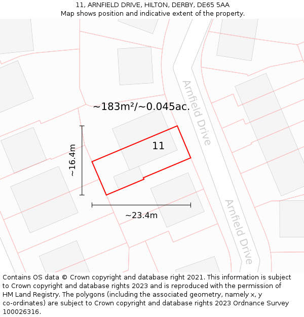 11, ARNFIELD DRIVE, HILTON, DERBY, DE65 5AA: Plot and title map