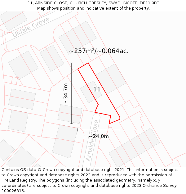 11, ARNSIDE CLOSE, CHURCH GRESLEY, SWADLINCOTE, DE11 9FG: Plot and title map
