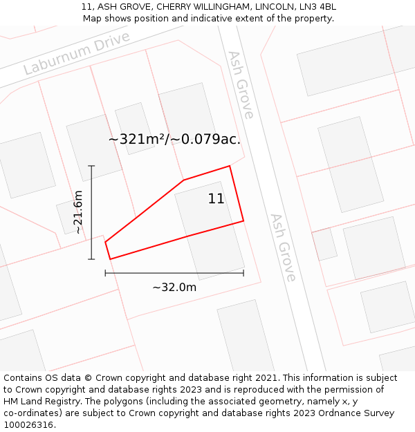 11, ASH GROVE, CHERRY WILLINGHAM, LINCOLN, LN3 4BL: Plot and title map