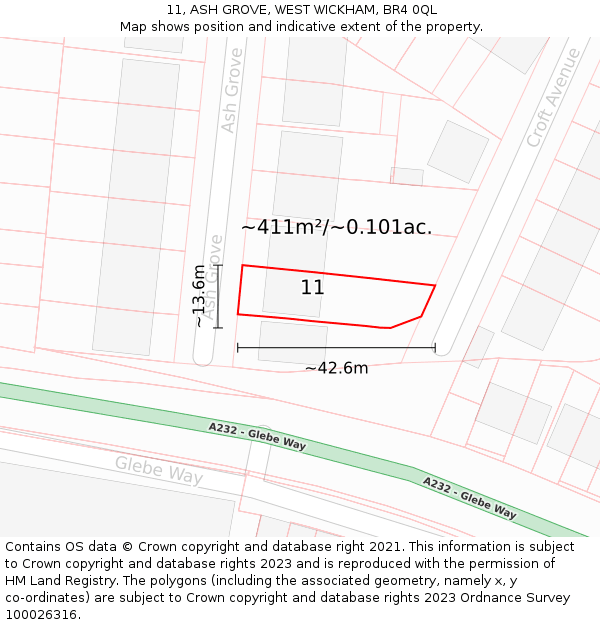 11, ASH GROVE, WEST WICKHAM, BR4 0QL: Plot and title map