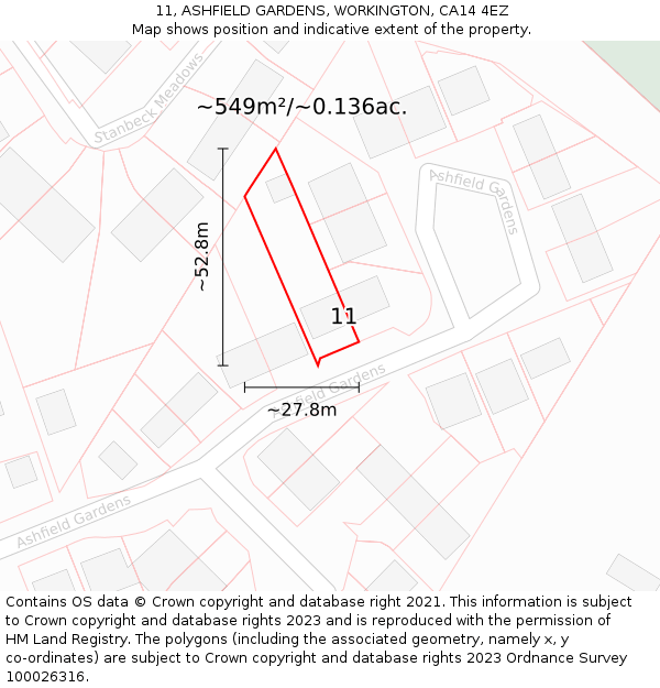 11, ASHFIELD GARDENS, WORKINGTON, CA14 4EZ: Plot and title map
