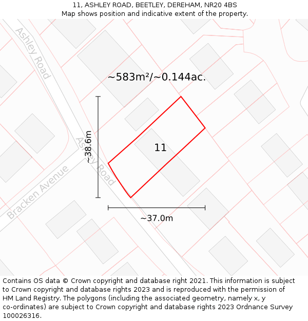 11, ASHLEY ROAD, BEETLEY, DEREHAM, NR20 4BS: Plot and title map
