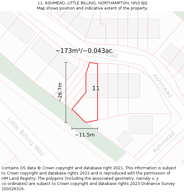11, ASHMEAD, LITTLE BILLING, NORTHAMPTON, NN3 9JQ: Plot and title map