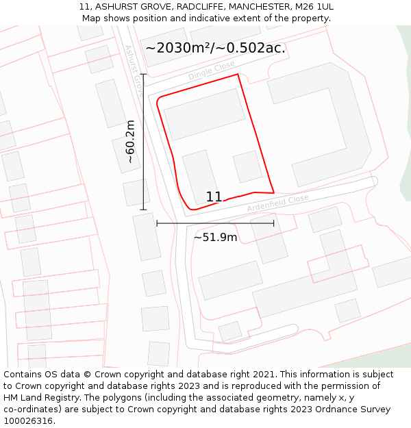 11, ASHURST GROVE, RADCLIFFE, MANCHESTER, M26 1UL: Plot and title map